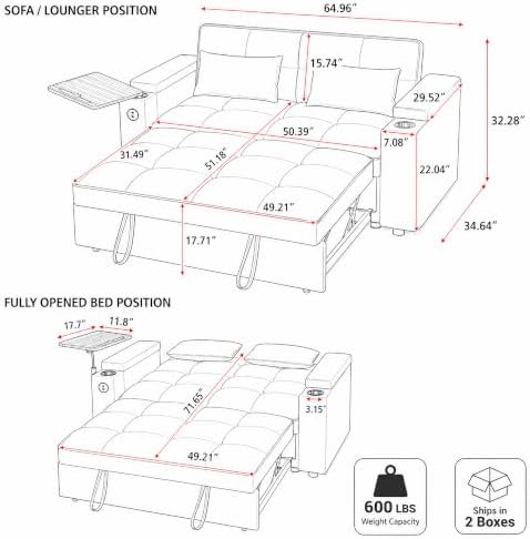 65" Sleeper Sofa Bed, 3-in-1 Convertible Pull-Out Loveseat - Image 3