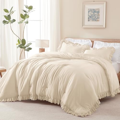 Andency Oversized King Comforter Set, 3 Pieces Beige Ruffle Bedding Set - Image 3