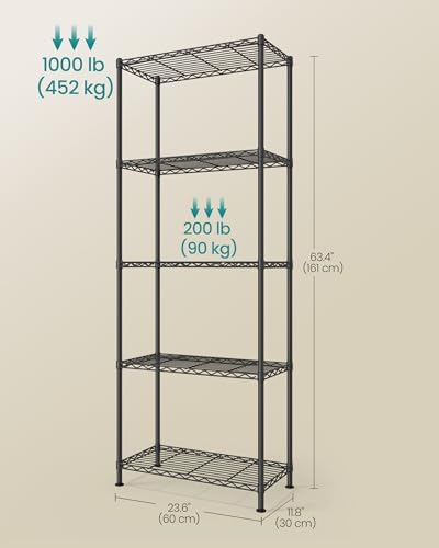SONGMICS 5-Tier Storage Shelves, Adjustable Wire Shelving Unit, 8 Hooks - Image 3
