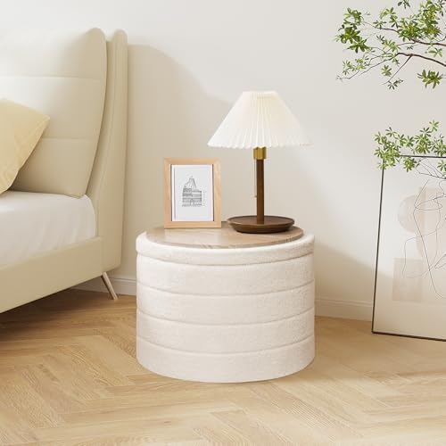 Large Round Folding Storage Ottoman, Cream Boucle Footstool - Image 6