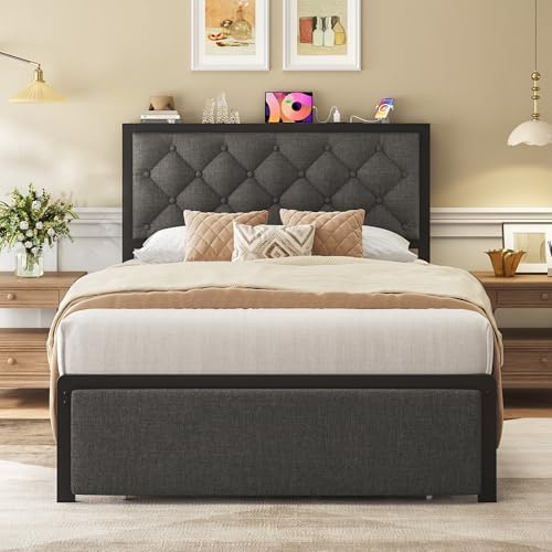 Twin Bed Frame with Storage Drawer, Upholstered Headboard Button Tufted Bed - Image 3