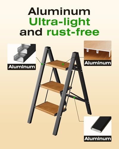 Taranta 3 Step Stool Foldable, Aluminum Step Ladder-BlackWoodgrain - Image 3