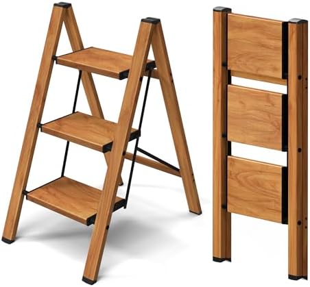 Taranta 3 Step Stool Foldable, Aluminum Step Ladder-Woodgrain by TARANTA