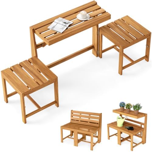 Convertible Outdoor Furniture Set, Acacia Wood Patio Loveseat, Table & Chairs - Image 2