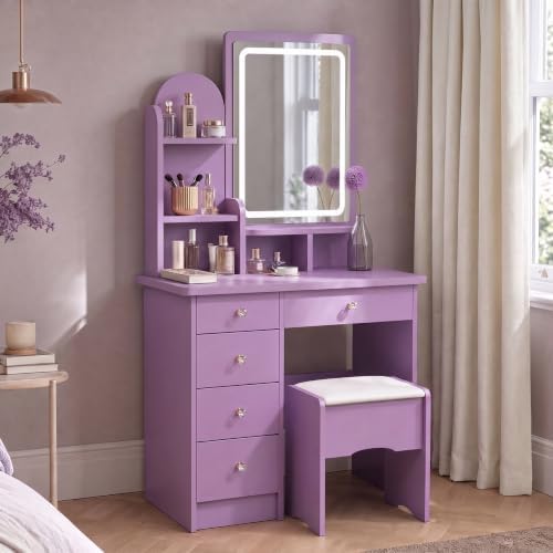 Purple Makeup Vanity Desk with Mirror and Lights, 5 Drawers by ROMSHINE