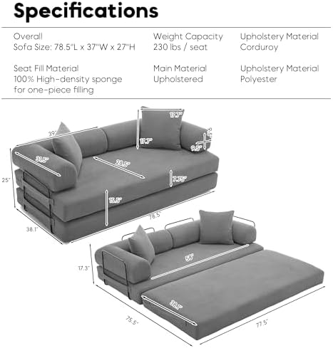 78" Convertible Futon Sofa Bed, Boneless Couches - Image 2