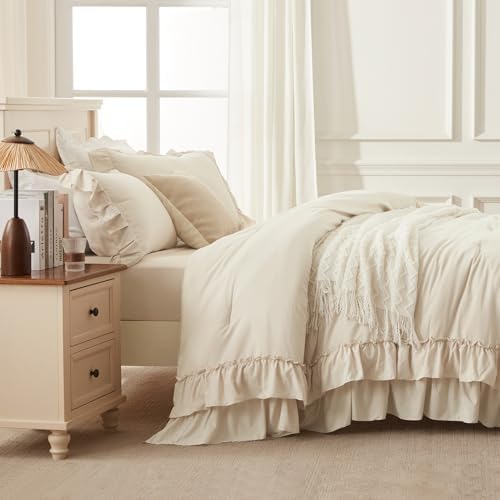 Andency Beige Ruffle Full Size Comforter Set, 3 Pieces - Image 5