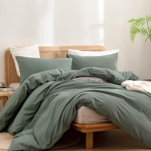 BESTOUCH Cotton Solid Duvet Cover Set Linen Feel Green Twin - Image 4