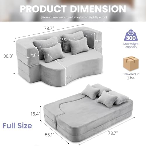 78” Convertible Sofa Bed, Full Size Sleeper Couch, Light Grey - Image 2