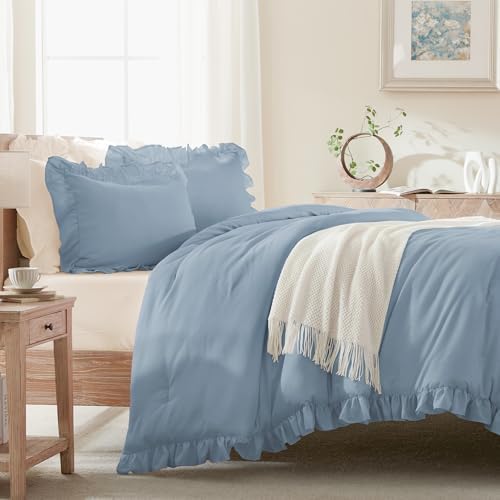 Andency Grayish Blue Ruffle Comforter Twin XL, 2 Pieces Solid Farmhouse Bed - Image 5