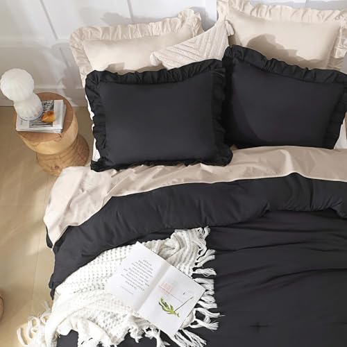 Andency Black Ruffle Comforter Twin XL, 2 Pieces Solid Farmhouse Bed - Image 3