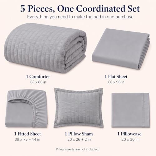 CozyLux Twin Comforter Set, 5 Pieces Grey Seersucker Bed in a Bag - Image 2