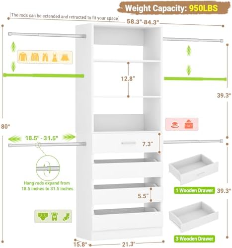 Aheaplus Closet System, 3.4-7FT Wood Closet Organizer - Image 7
