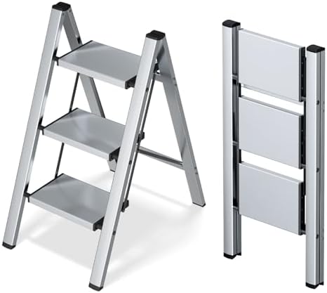 Taranta 3 Step Stool Foldable, Aluminum Step Ladder-Sliver by TARANTA