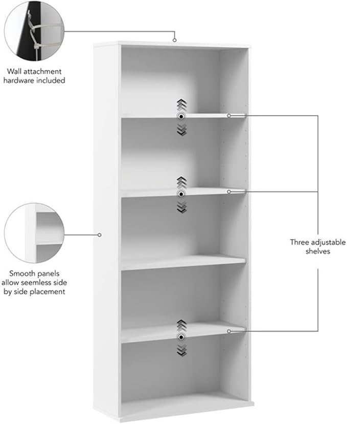 Bush Business Furniture Hustle Tall 5 Shelf Bookcase in White, Large Freestanding Bookshelf for Home Office and Professional Workspace