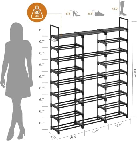 WOWLIVE 9 Tier 3-Column Shoe Rack, 50-55 Pairs Stackable Black - Image 3