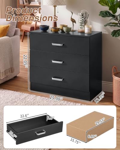 Karl home Black 3 Drawer Dresser, Modern Small Chest of Drawers - Image 3
