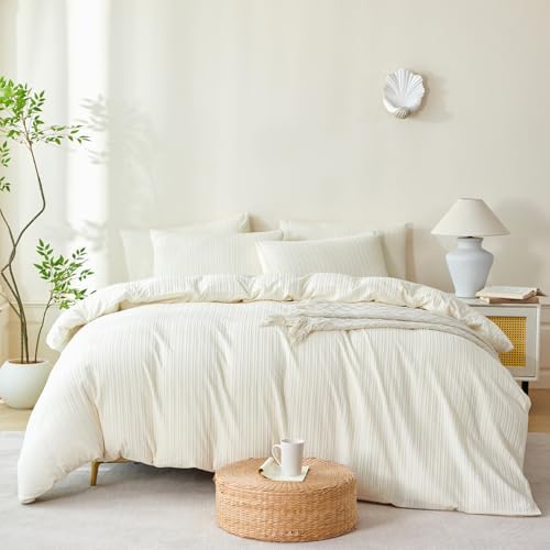 Queen Comforter Set Striped Beige 100% Soft Washed Microfiber Jacquard 3 Pieces - Image 2