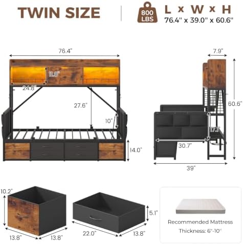 MSmask Daybed with High Bookcase & 6 Storage Drawers, Twin Corner Bed with LED - Image 2