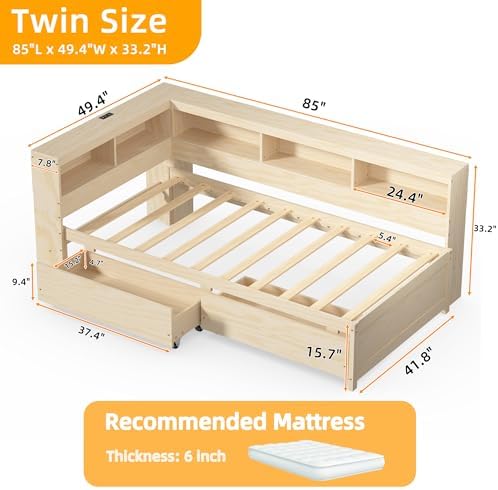 Twin Corner Bed Frame with Storage Drawers, Power Outlet, LED Lights - Image 2