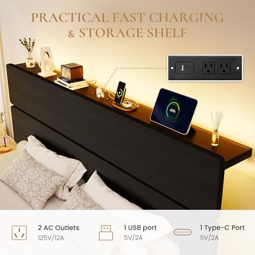 SHA CERLIN King Size Bed Frame, Led Light, Charging Station, Storage Shelf - Image 4