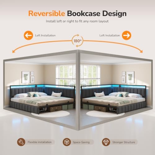 King Corner Bed Frame with 2 Storage Drawers, LED Lights & Charging Station - Image 7