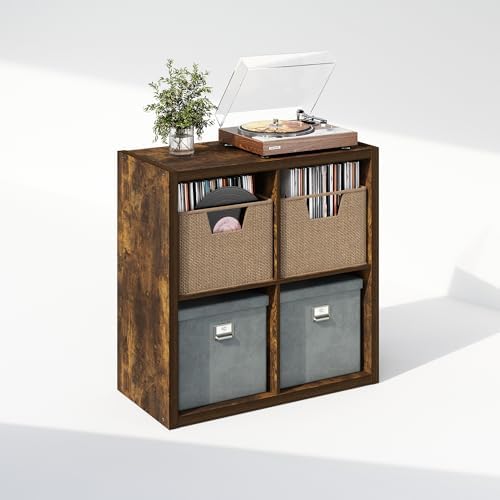 Furinno Cubicle Record Player Stand, 4-Cube Record Storage, Amber Pine - Image 4