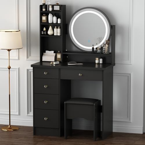 Vanity with Chair, Dressing Table with Lighted Round Mirror, 5 Drawers and by ROMSHINE