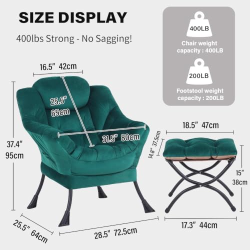 Tiita Lazy Chair with Ottoman, Comfy Reading Accent Chair, Velvet Green - Image 3