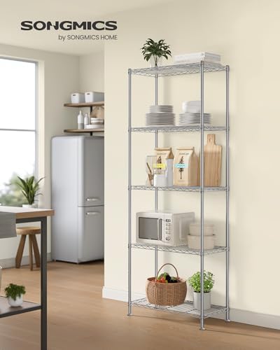 SONGMICS 5-Tier Storage Shelves, Adjustable Wire Shelving Unit, 8 Hooks - Image 2
