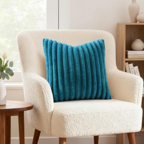 decorUhome Fall Faux Fur Throw Pillow Covers 18x18 Set of 2 Teal - Image 4