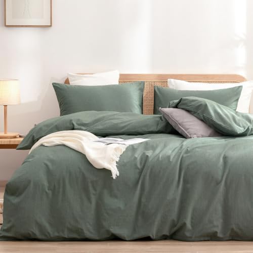 BESTOUCH Cotton Solid Duvet Cover Set Linen Feel Green Twin by BESTOUCH