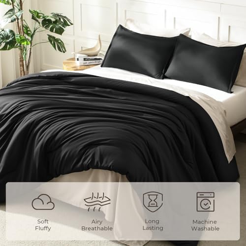 Litanika Black California King Comforter Set, 3 Pieces Solid Bedding - Image 3