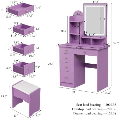 Purple Makeup Vanity Desk with Mirror and Lights, 5 Drawers - Image 2