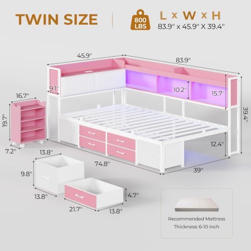 Corner Twin Bed Frame with Pull-Out Cabinet/Bookcase/Headboad Storage - Image 3