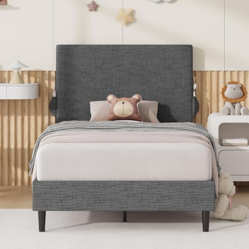 Twin Bed Frame, Chenille Headboard, Side Pockets, Dark Grey - Image 3