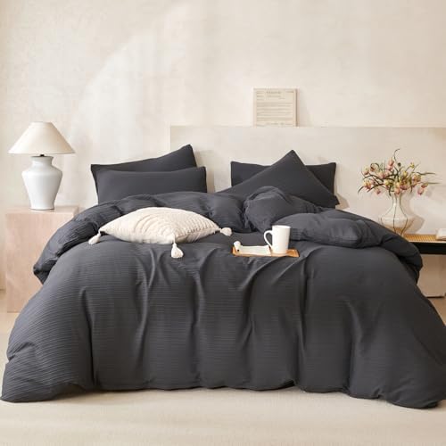 Dark Grey Comforter King Size Set Striped Soft Washed Microfiber Jacquard 3 - Image 2