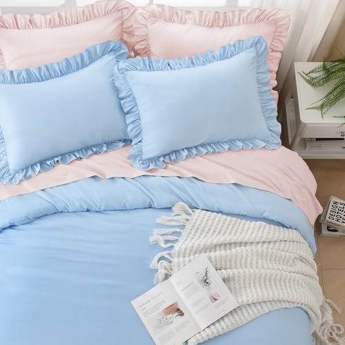 Litanika King Comforter Set, 3 Pieces Light Blue Ruffle Bedding Set - Image 4