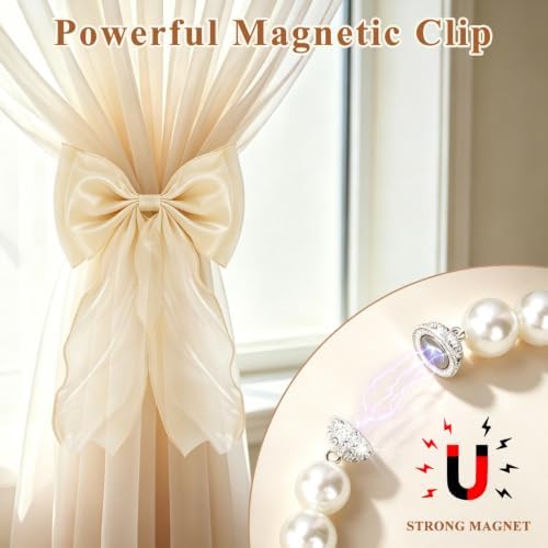 Magnetic Bow Curtain Tiebacks, Pearl Curtain Ties Holdbacks, 2 Pack - Image 2