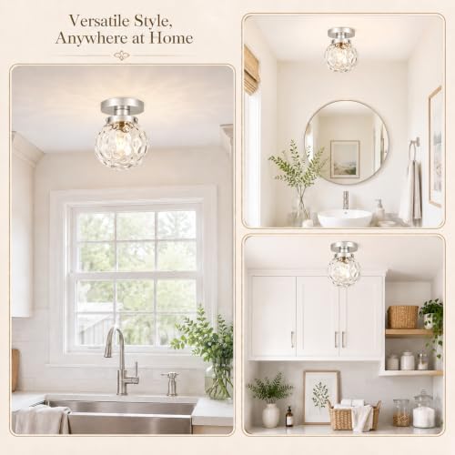Small Semi Flush Mount Ceiling Light Fixtures, Vintage Globe Hammered Glass - Image 4