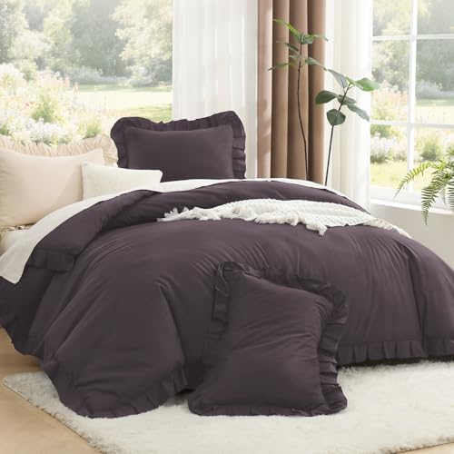 Litanika Queen Comforter Set, 3 Pieces Black Purple Ruffle Bedding Set by Litanika