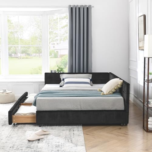 RuiSiSi Full Size Daybed with Storage Drawers, Velvet Corner Bed with L-Shaped - Image 5
