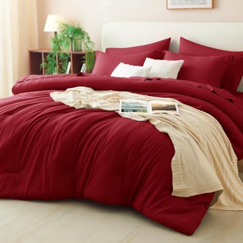 CozyLux King Size Comforter Set Dark Red, 7 Pieces Bed in a Bag by CozyLux