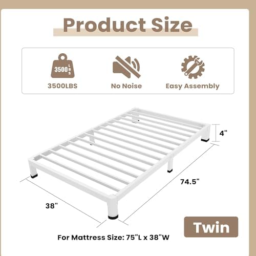 4 Inch White Twin Bed Frame Low Profile - Image 2