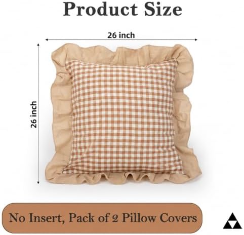 JoraLion Ruffled 26x26 Pillow Cover Gingham Khaki Solid Edge - Image 4