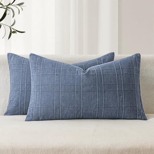 MIULEE Linen Plaid Pillow Covers Coastal Decorative Lumbar 12x20 Blue by MIULEE