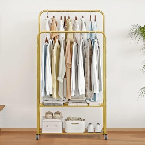 SUOERNUO Clothes Rack with Lockable Wheels Double Rods Metal Garment Racks - Image 2