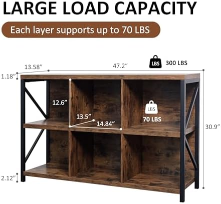 6 Cube Storage Organizer Bookshelf, Industrial Horizontal Bookcase, Accent - Image 2