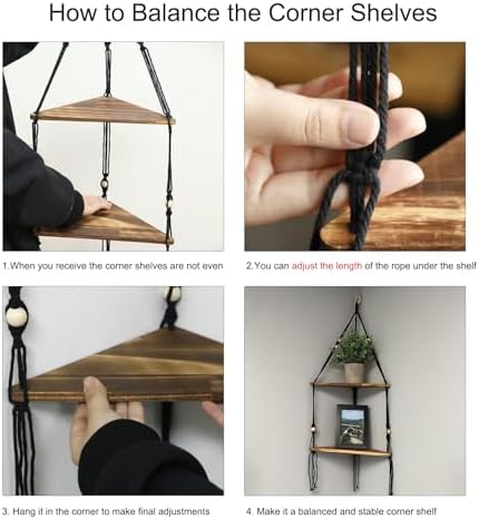 Artilady Macrame Hanging Corner Shelf Balck, Boho Wood Shelf Storage Decor - Image 4