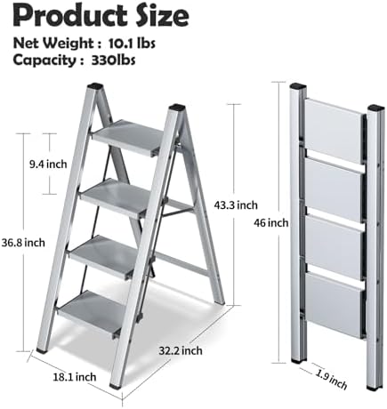 Taranta 4 Step Stool Foldable, Aluminum Step Ladder-Sliver - Image 6
